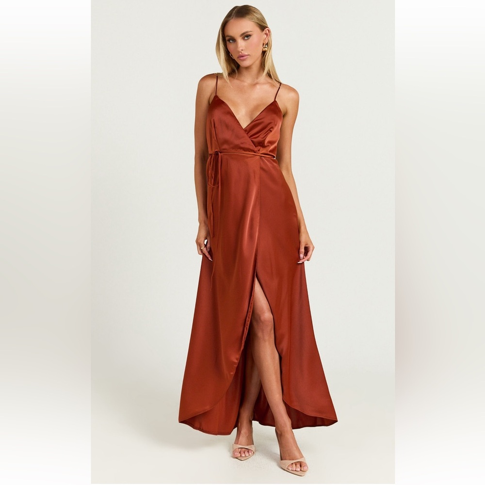 Satin copper wrap dress - Picture 2 of 7